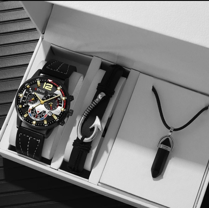 3pcs set Black Quartz Watch Leather Bracelet For Men Round Watch Classic Watch Necklace Set Calendar Luminous Clock Quality set