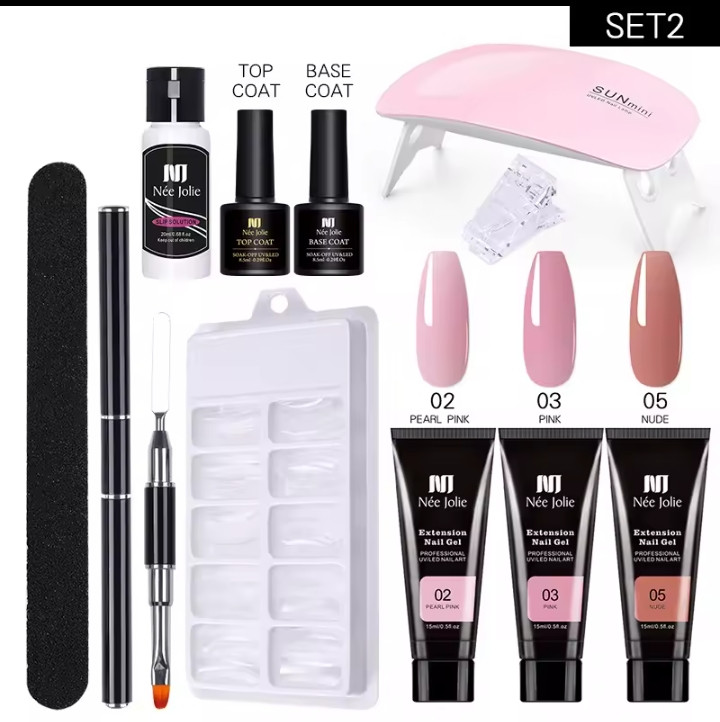 Poly Nail Gel Kit with 6W LED Lamp, All-In-One Set for Manicure, Semi-Permanent Extension Gel and Acrylic French Nails with Tool